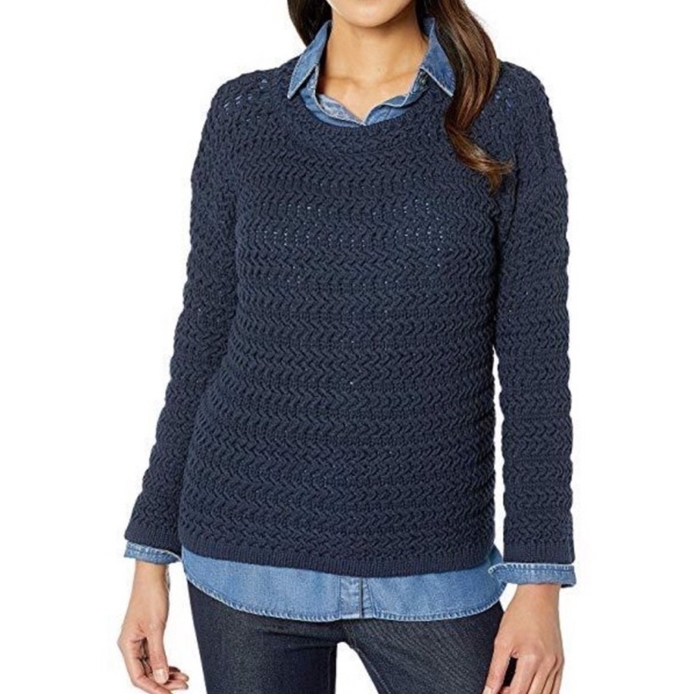 Elliott Lauren Sweater Cotton Crewneck Open Weave Navy Knit Size Small Oversized